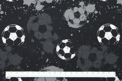 Schwarzer Baumwolljersey mit Fußball-Motiv in grau und weiß Maßstab