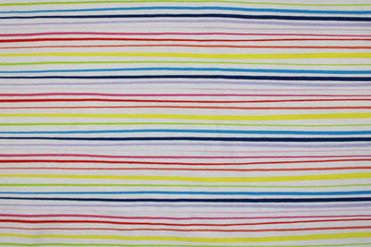 Baumwolljersey Happy Summer mit bunten Streifen auf weißem Grund Detailbild