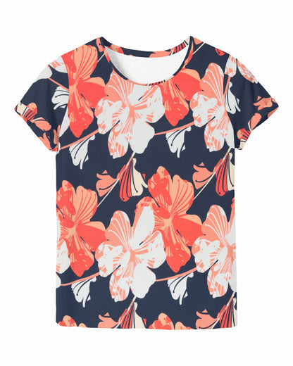 Dunkelblauer Baumwolljersey mit Blumen im Hawaiistil als Shirt vernäht