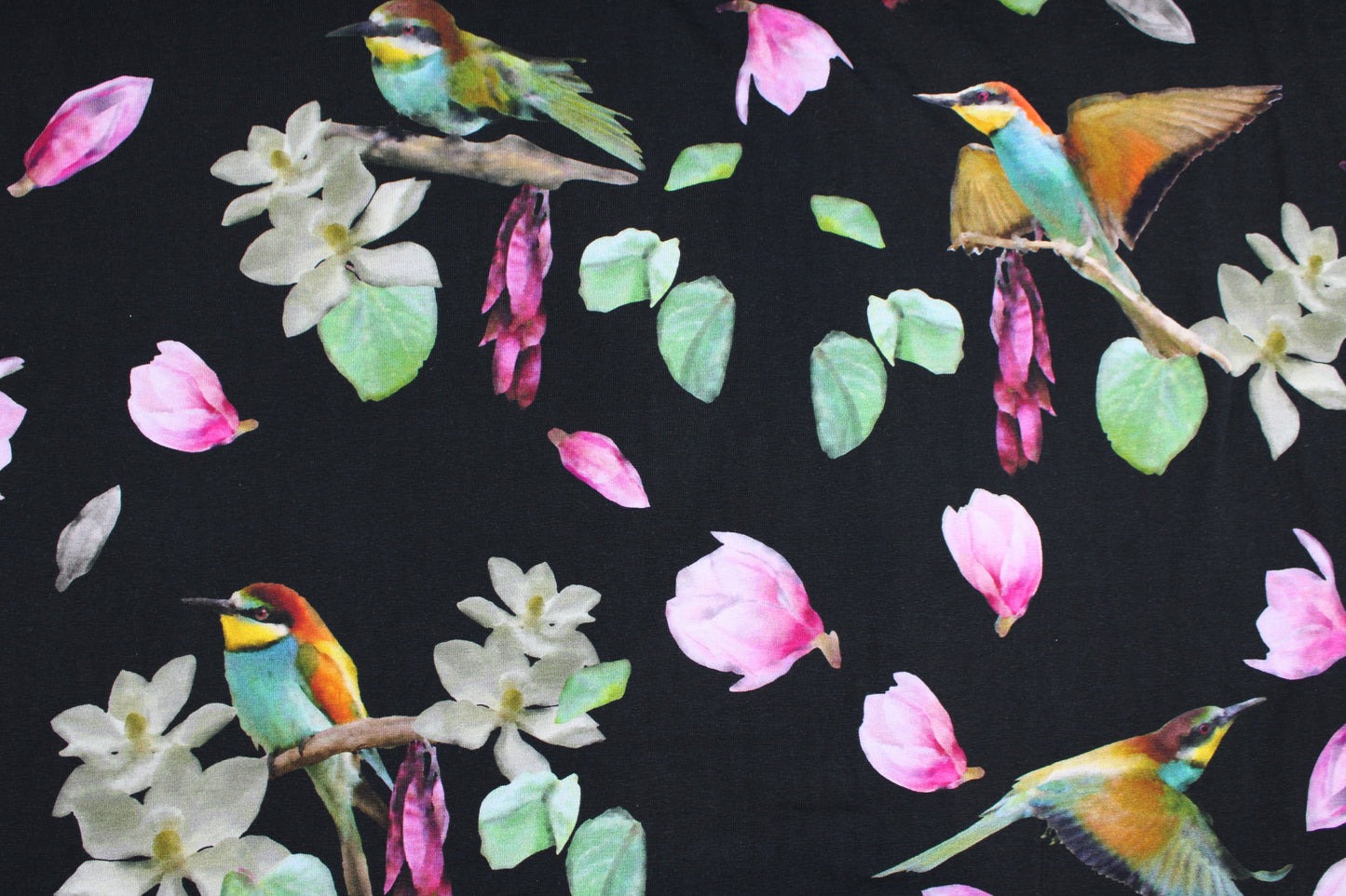 Schwarzer Baumwolljersey Sonado mit bunten Vögeln und Blüten Detailbild