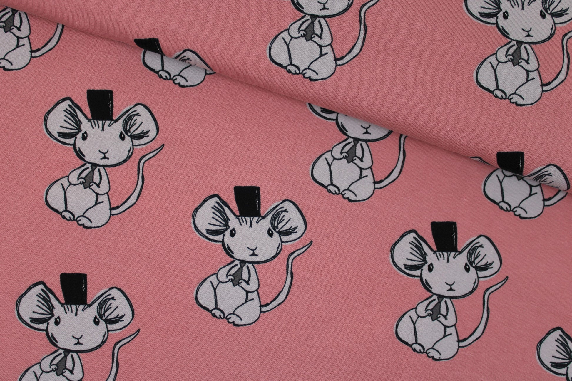 Baumwolljersey Mouse in Altrosa mit kleinen süßen Mäusen quer