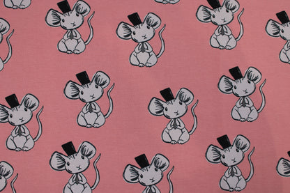 Baumwolljersey Mouse in Altrosa mit kleinen süßen Mäusen Detailbild