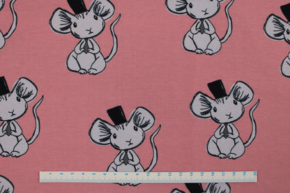 Baumwolljersey Mouse in Altrosa mit kleinen süßen Mäusen Maßstab