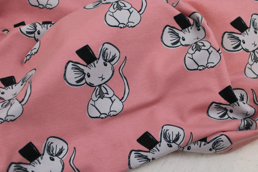 Baumwolljersey Mouse in Altrosa mit kleinen süßen Mäusen