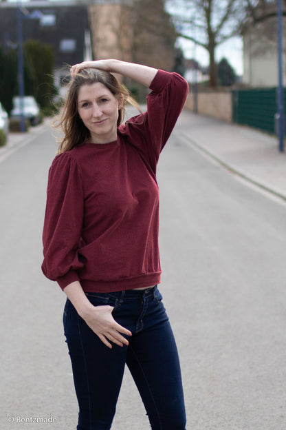Melierter Baumwolljersey Stoff Vanessa in bordeaux als Pullover vernäht