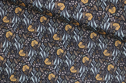 Dunkelgrauer Baumwollstoff Garden of Dreams mit Blumen in Mint und Ocker quer
