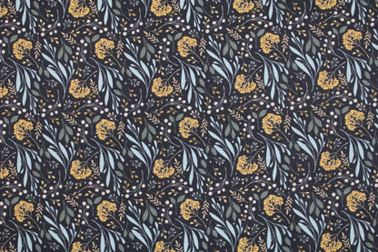 Dunkelgrauer Baumwollstoff Garden of Dreams mit Blumen in Mint und Ocker Detailbild