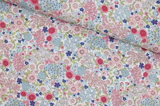 Baumwollstoff Gardening mit kleinen Blümchen in Rosa und Blau quer
