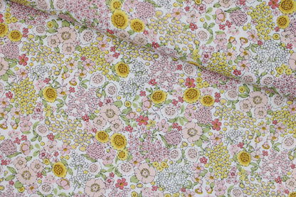 Baumwollstoff Gardening mit kleinen Blümchen in Rosa und Gelb quer