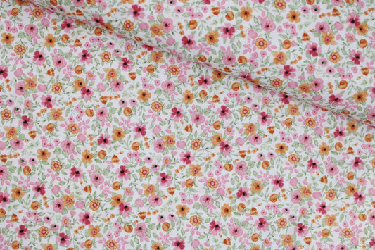 Baumwollstoff Natura mit kleinen Blümchen in Rosa und Orange quer
