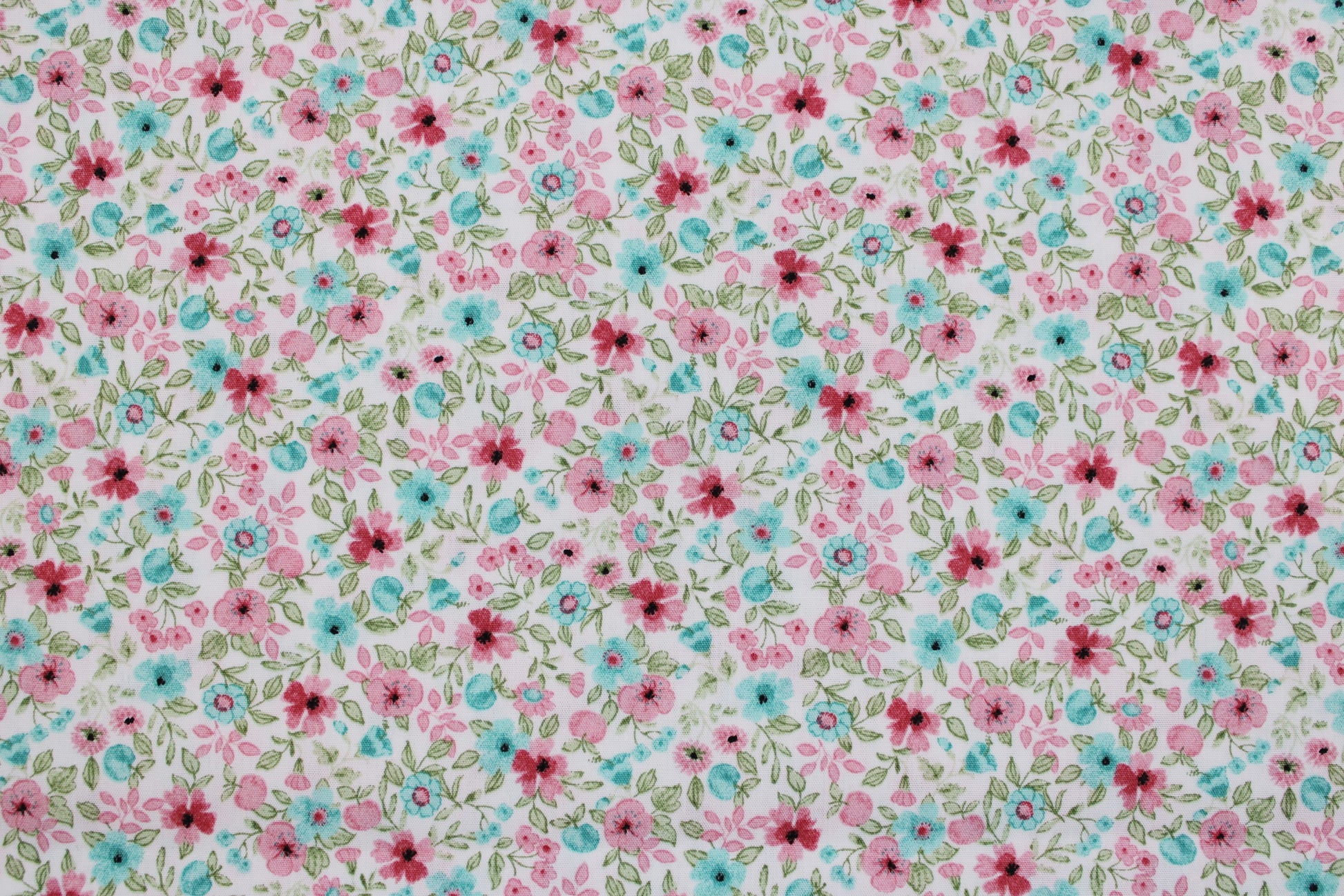 Baumwollstoff Natura mit kleinen Blümchen in Rosa und Türkis Detailbild