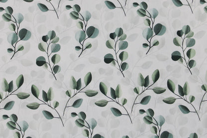 Weißer Baumwollstoff mit salbei farbenen Blättern/Eukalyptus Detailbild