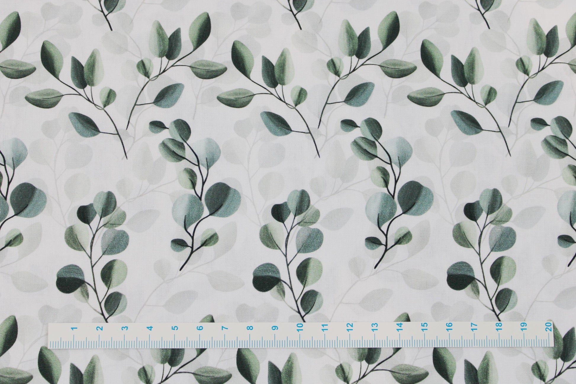 Weißer Baumwollstoff mit salbei farbenen Blättern/Eukalyptus Maßstab