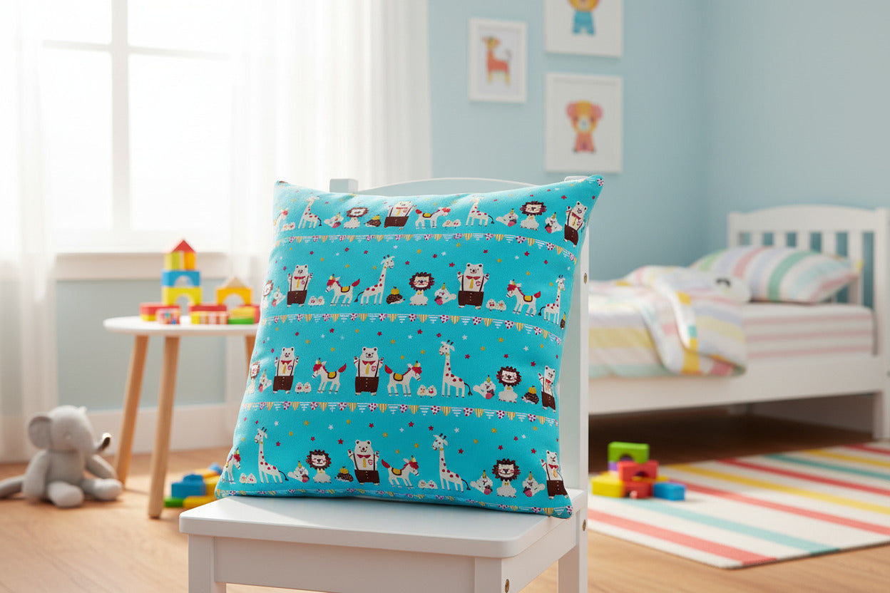 Türkis farbener Baumwollstoff mit Tiermotiven als Kissen vernäht