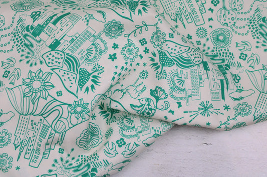 Wollweißer Baumwollstoff mit utopischer Landschaft in Grün