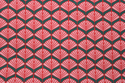 Baumwollstretch mit Retroblumen in grün und rot Detailbild