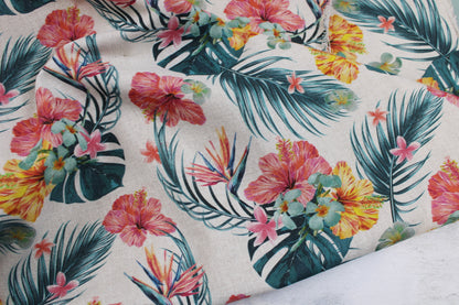 Beiger Canvasstoff Ulrich mit bunten Hawaiiblumen