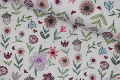 French Terry Sweatstoff Embroidery Flowers mit Stickmotiv als Druck quer