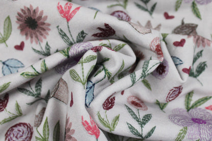 French Terry Sweatstoff Embroidery Flowers mit Stickmotiv als Druck gedreht