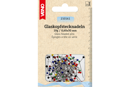 Glaskopfstecknadeln bunt sortiert verpackt