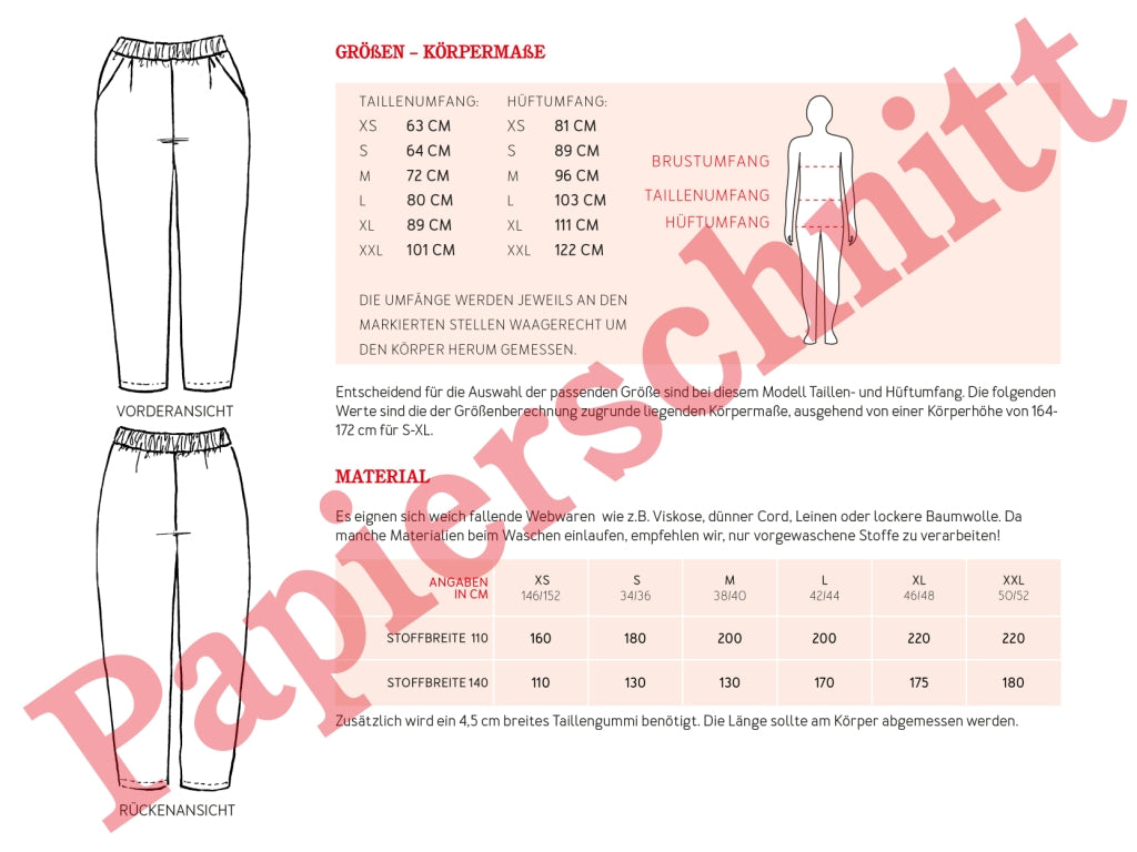 Schnittmuster für die knöchelfreie Hose Hanna von Studio Schnittreif Materialverbrauch