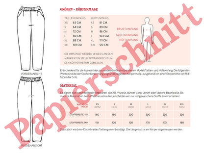 Schnittmuster für die knöchelfreie Hose Hanna von Studio Schnittreif Materialverbrauch