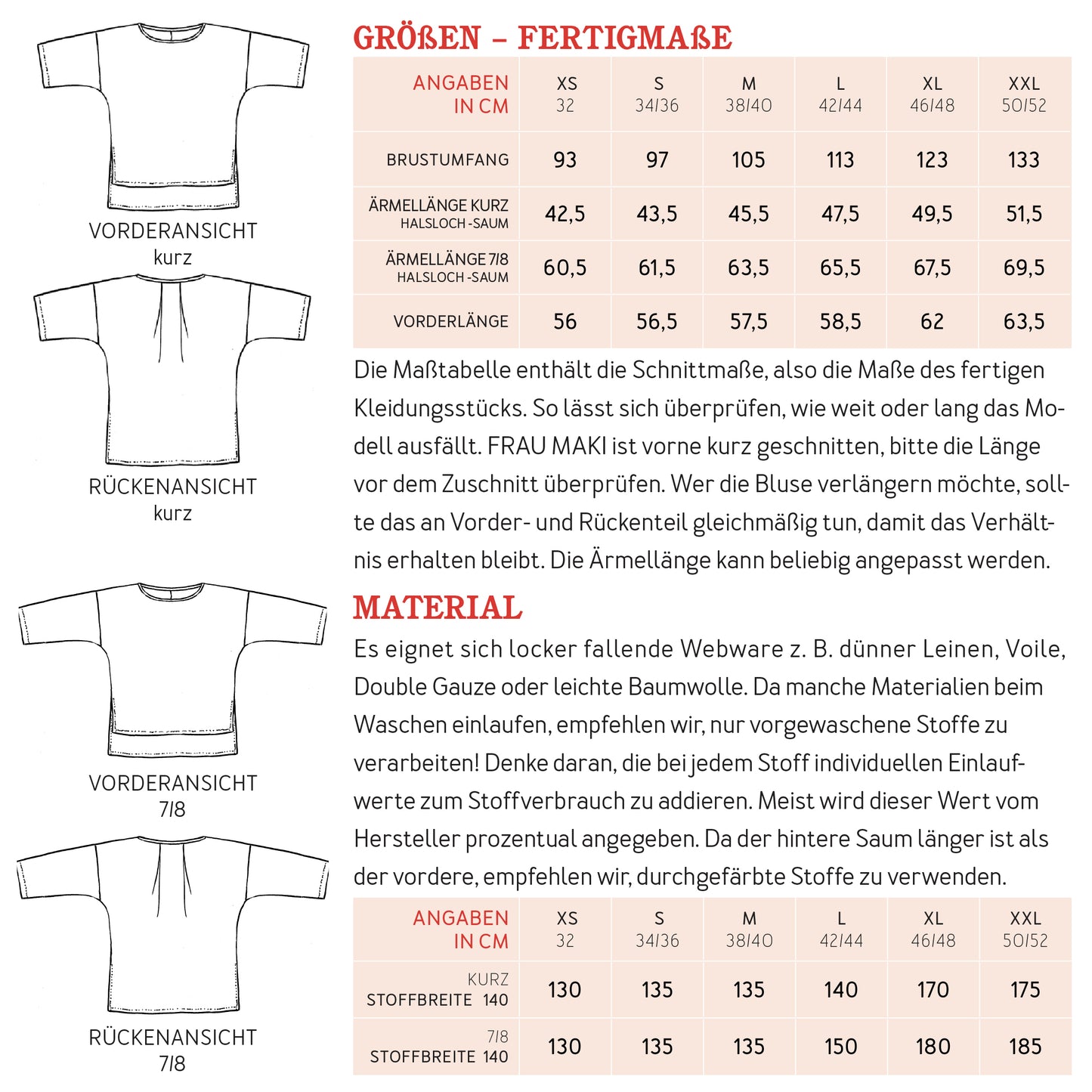 Schnittmuster Bluse Frau Maki von Studio Schnittreif Materialverbrauch