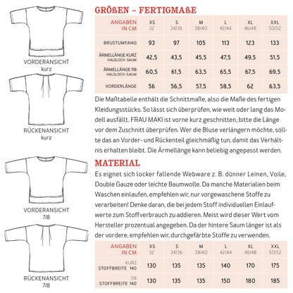 Schnittmuster Bluse Frau Maki von Studio Schnittreif Materialverbrauch