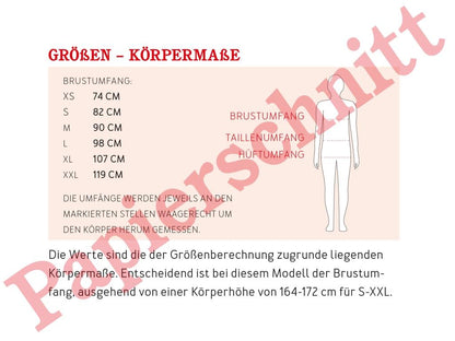Papierschnittmuster Oversized Sweater Frau Zora von Studio Schnittreif Maßtabelle