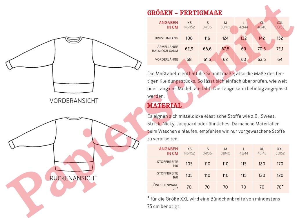 Papierschnittmuster Oversized Sweater Frau Zora von Studio Schnittreif Materialtabelle