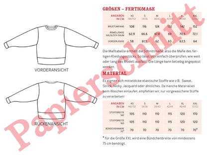 Papierschnittmuster Oversized Sweater Frau Zora von Studio Schnittreif Materialtabelle