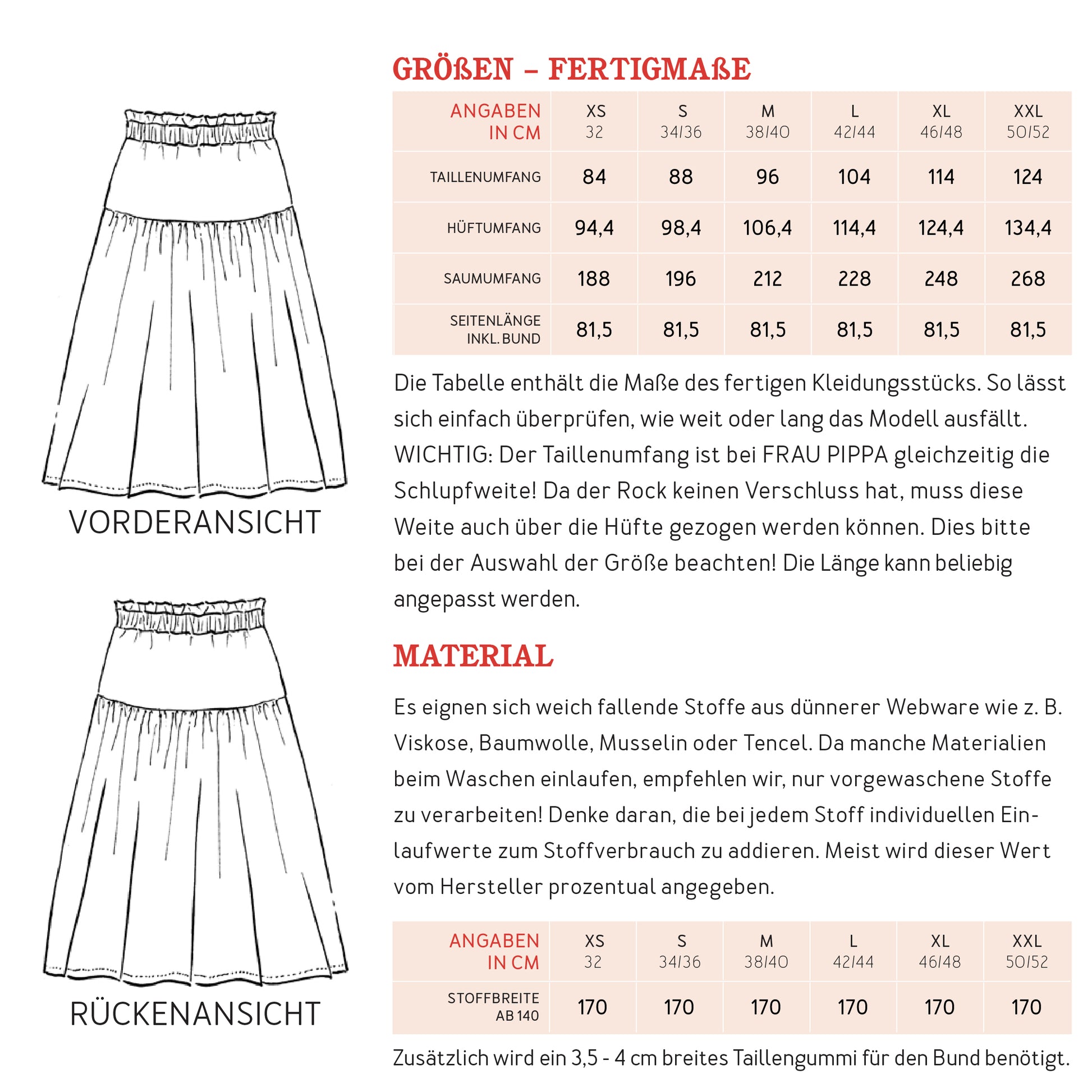 Schnittmuster Rock mit Papergab-Bund Frau Pippa von Studio Schnittreif Materialverbrauch