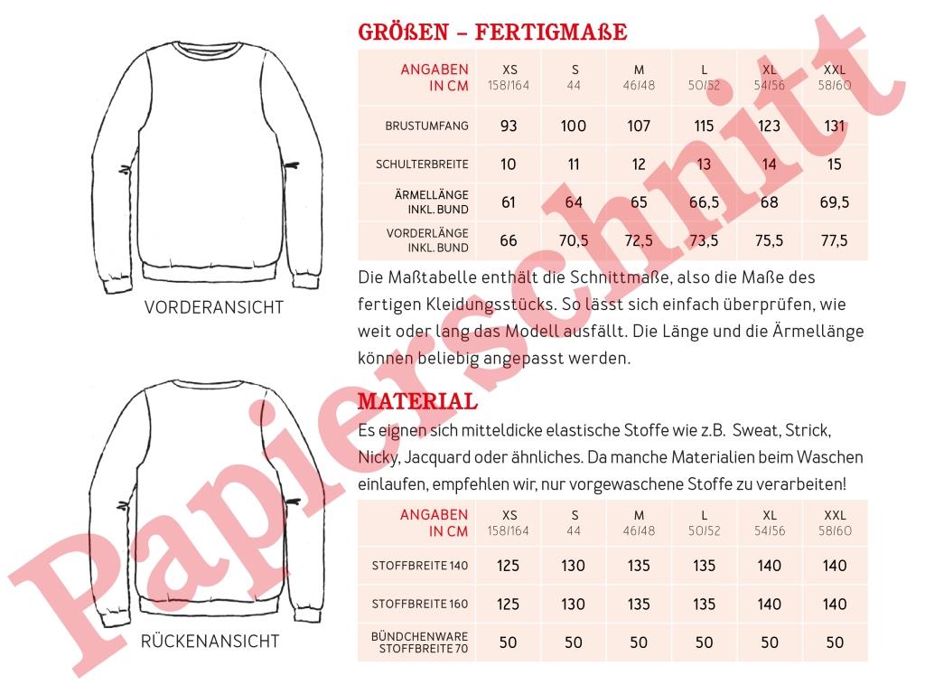 Papierschnittmuster Sweater Herr Deniz von Studio Schnittreif Materialtabelle