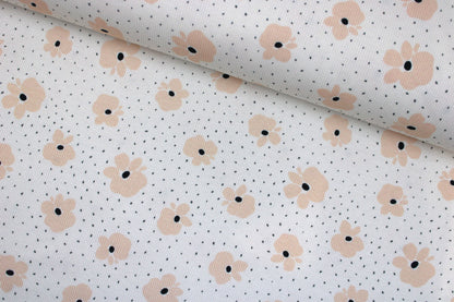 Wollweißer Rippjersey Jena mit kleinen Blüten in Apricot quer
