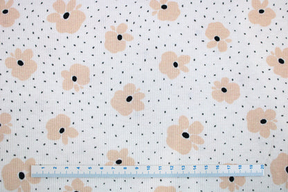 Wollweißer Rippjersey Jena mit kleinen Blüten in Apricot Maßstab