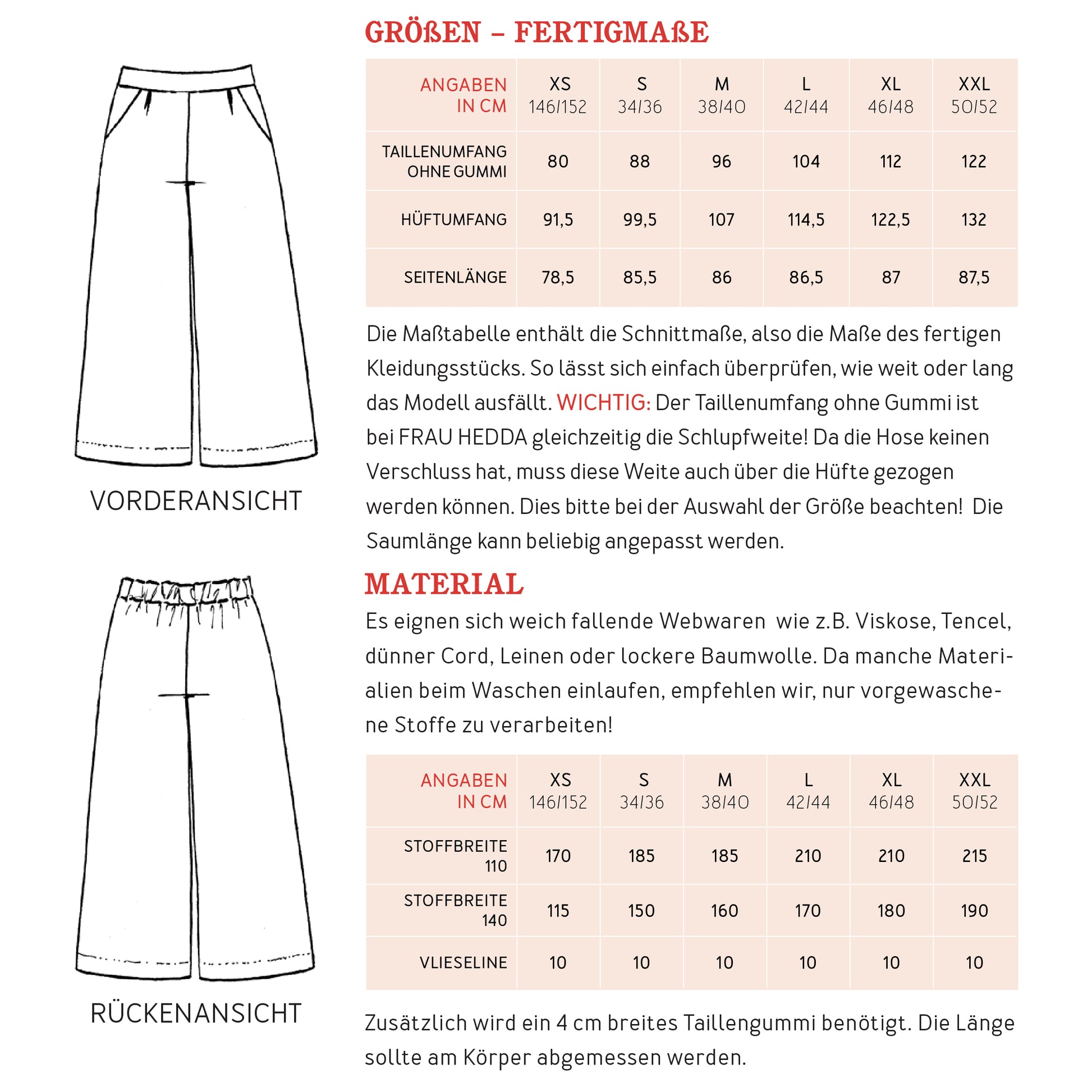 Schnittmuster für die Culottehose Frau Hedda von Studio Schnittreif Materialverbrauch