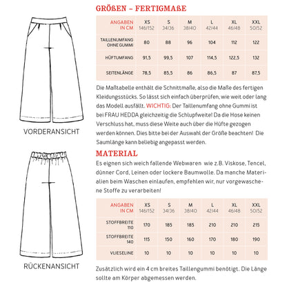 Schnittmuster für die Culottehose Frau Hedda von Studio Schnittreif Materialverbrauch
