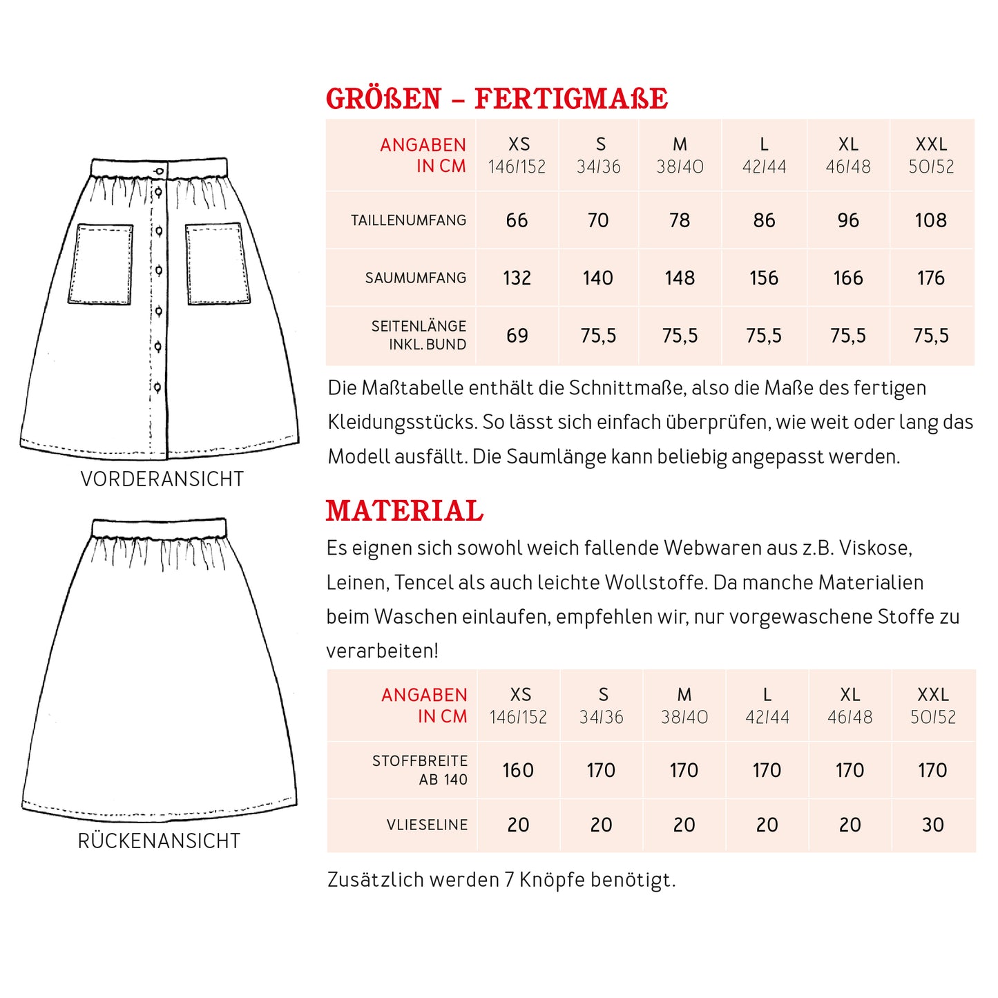 Schnittmuster Frau Fiona Rock mit Knopfleiste Materialverbrauch
