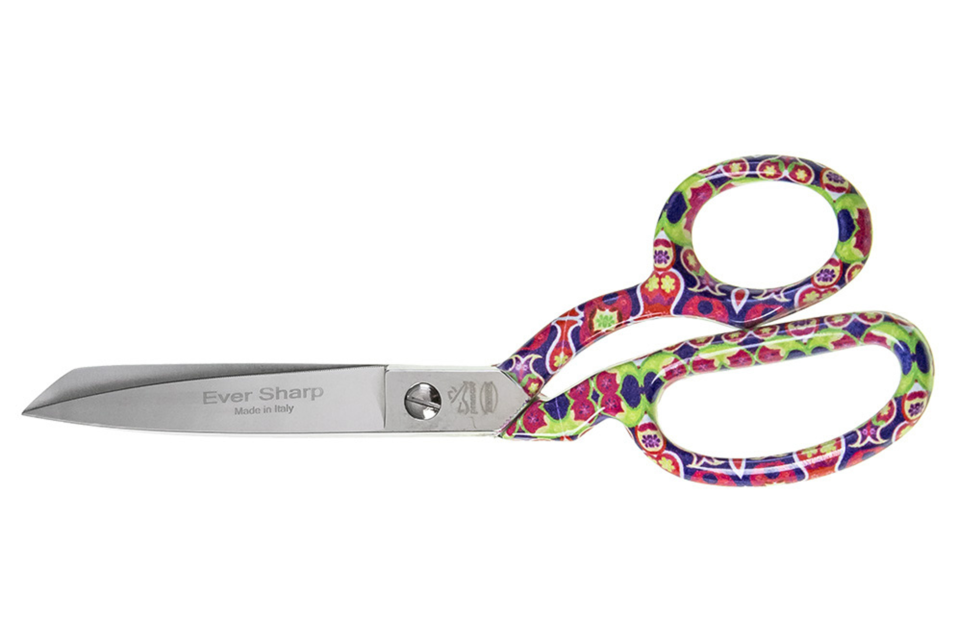 Stoffschere aus Metall mit buntem Griff und 20cm Klingenlänge