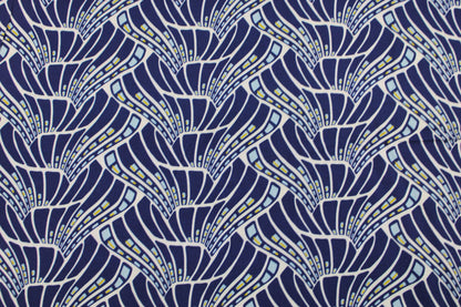 Viskosestoff Vienna Coral mit sommerlichem Muster in Blau Detailbild