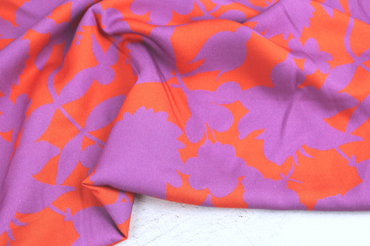 Viskosestoff Happy Flowers mit Blumen in Orange und Flieder