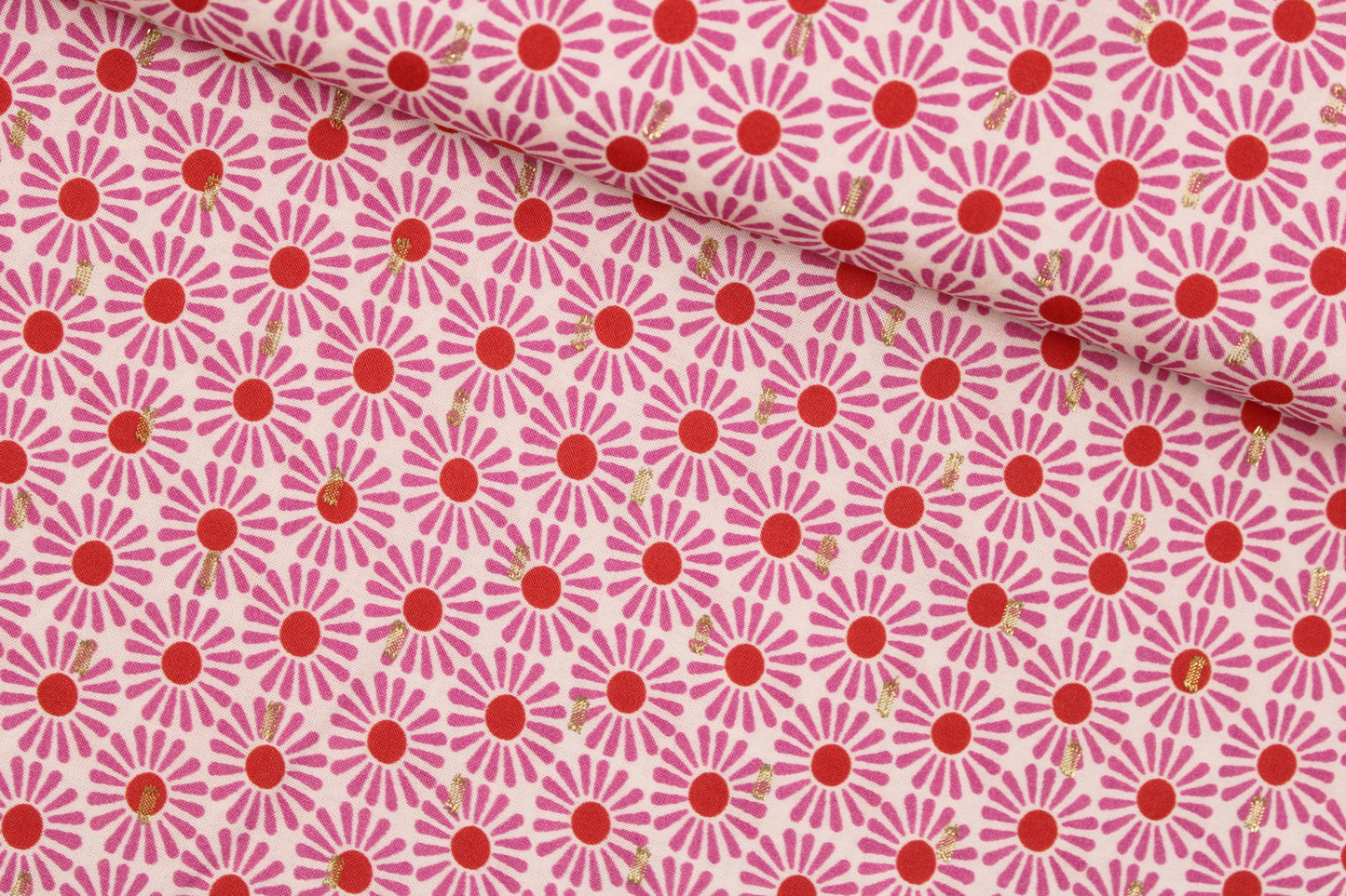 Viskosestoff mit Retro-Blumenmuster in Pink und Rot quer