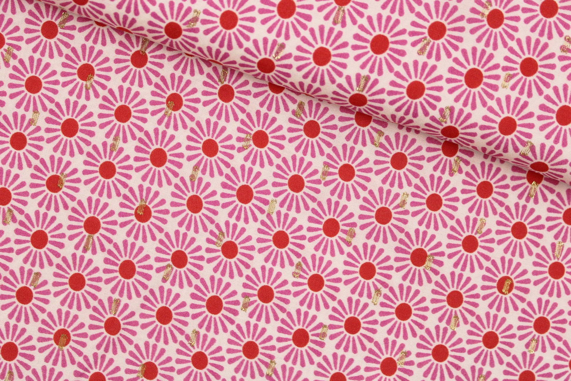 Viskosestoff mit Retro-Blumenmuster in Pink und Rot quer