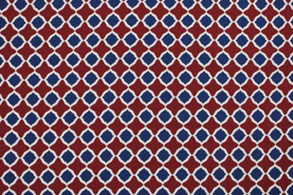 Viskosestretchstoff mit Retromuster in Rostot und Dunkelblau Detailbild