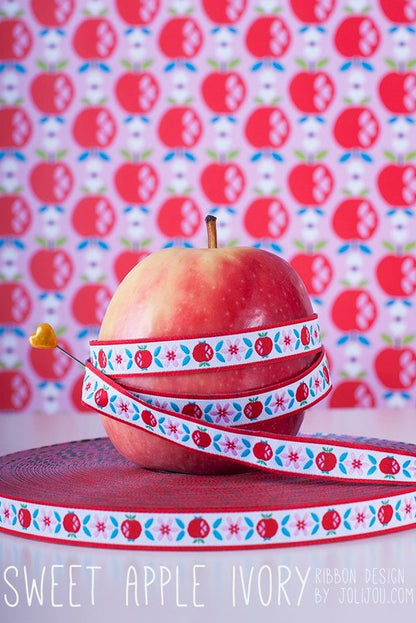 Webband Sweet Apple Ivory mit Äpfeln und Blüten