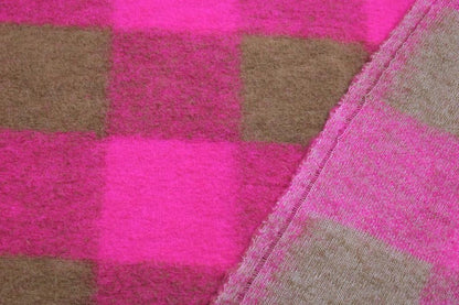 Wollgemisch mit großen Karos in Neonpink und Braun mit Rückseite