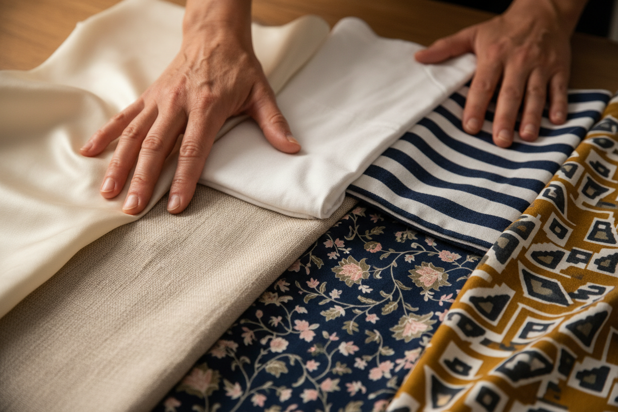 Hände (weiblich, ca 40 jahre alt) streichen über verschiedene Stoffe: Seide, Leinen, Baumwolle, Muster erkennbar. fotorealistisch