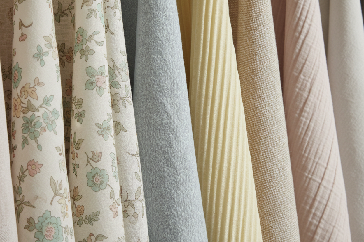 Mehrere Stoffe hängend nebeneinander, teilweise überlappend, Stoffe füllen das gesamte Bild. Verschiedene Materialien und Muster, farben insgesamt hell, pastelltöne, mint sandig blaue, beige, rosa, gelb