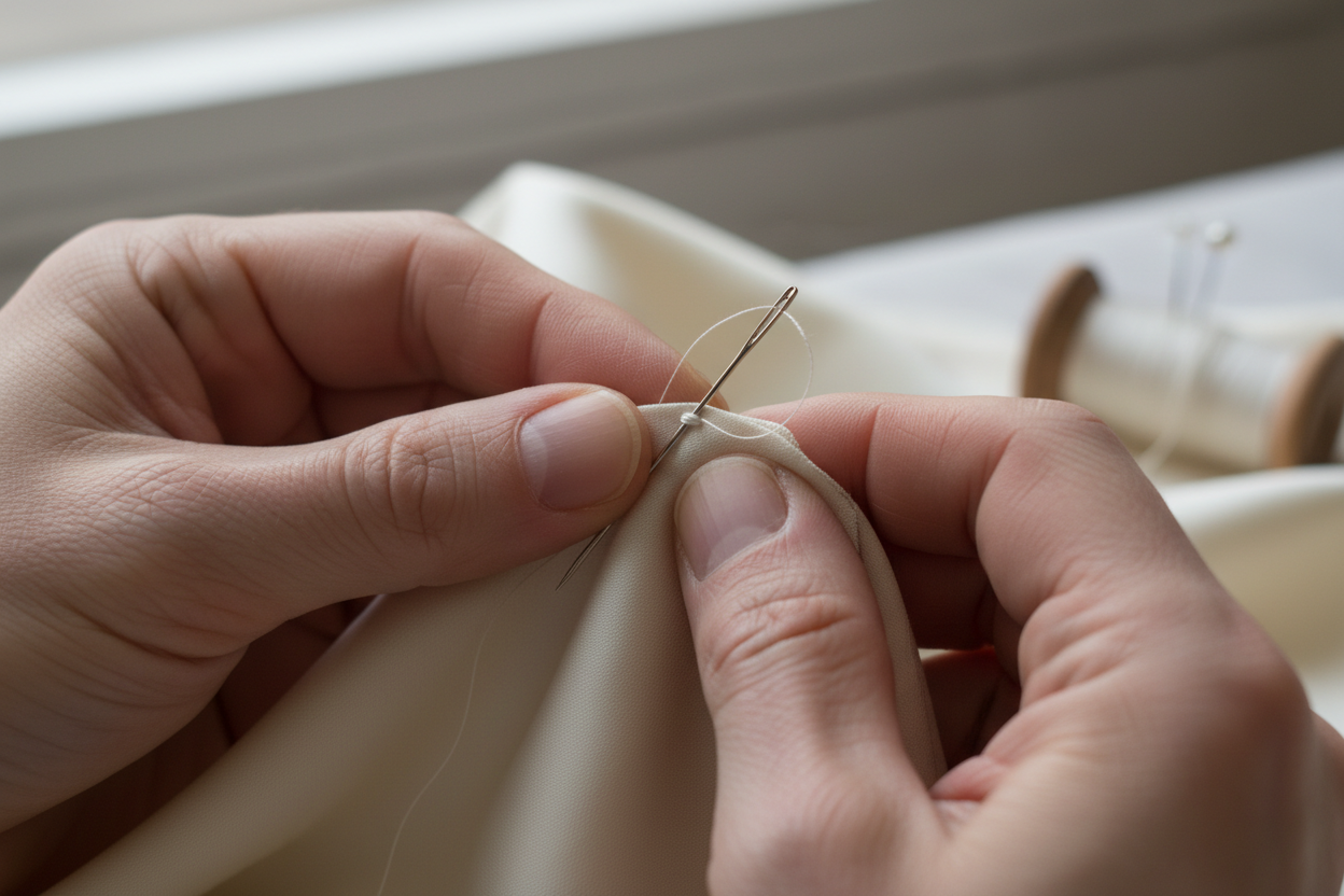 Nahaufnahme: Hände nähen ein Detail (z. B. feiner Stich, Falten legen, Knopf annähen).

Fokus auf Präzision, Erfahrung, Fingerspitzengefühl.