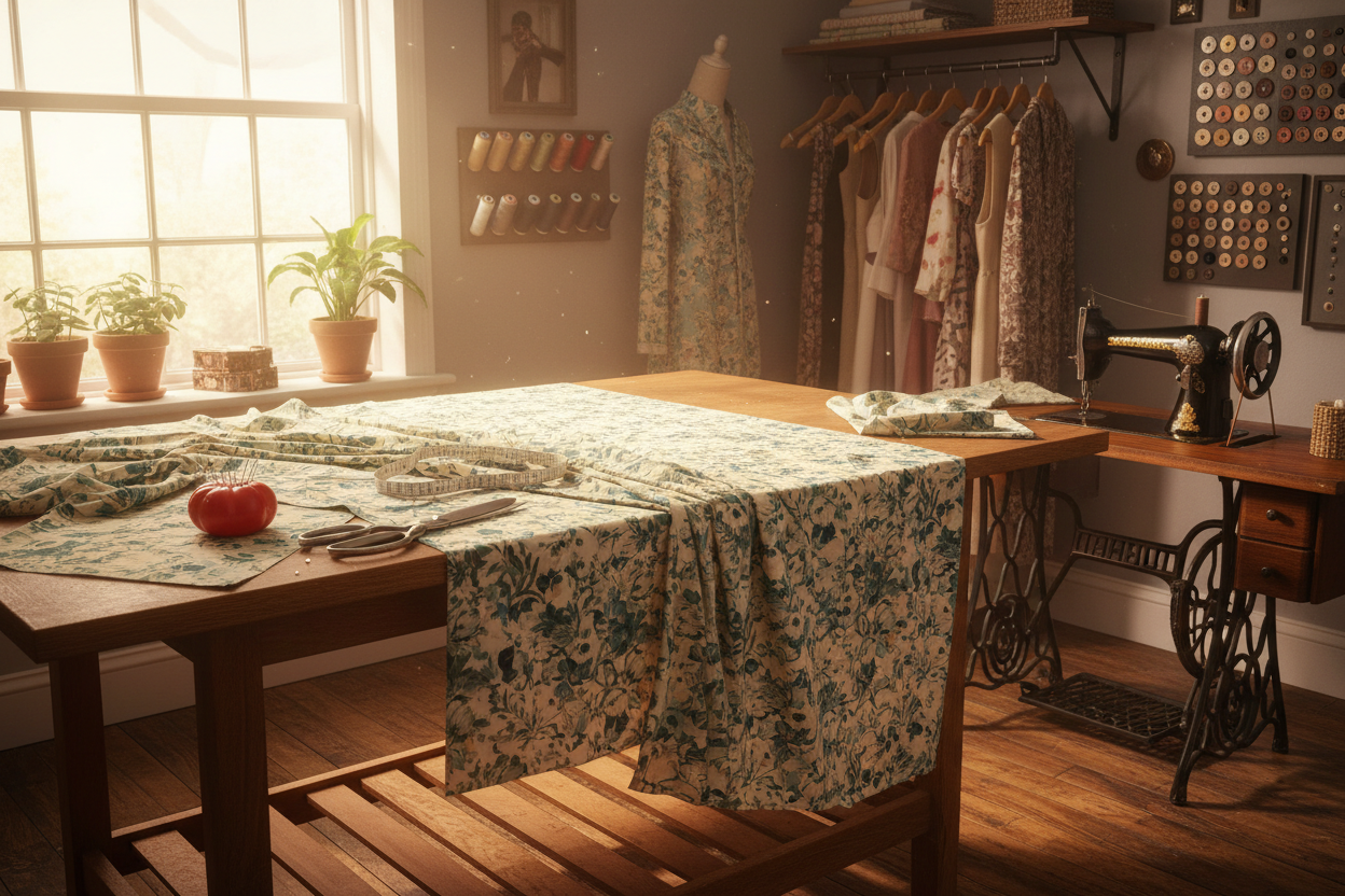 Stoff liegt auf dem Zuschneidetisch

Maßband, Schere, Stecknadeln

Natürliches Licht